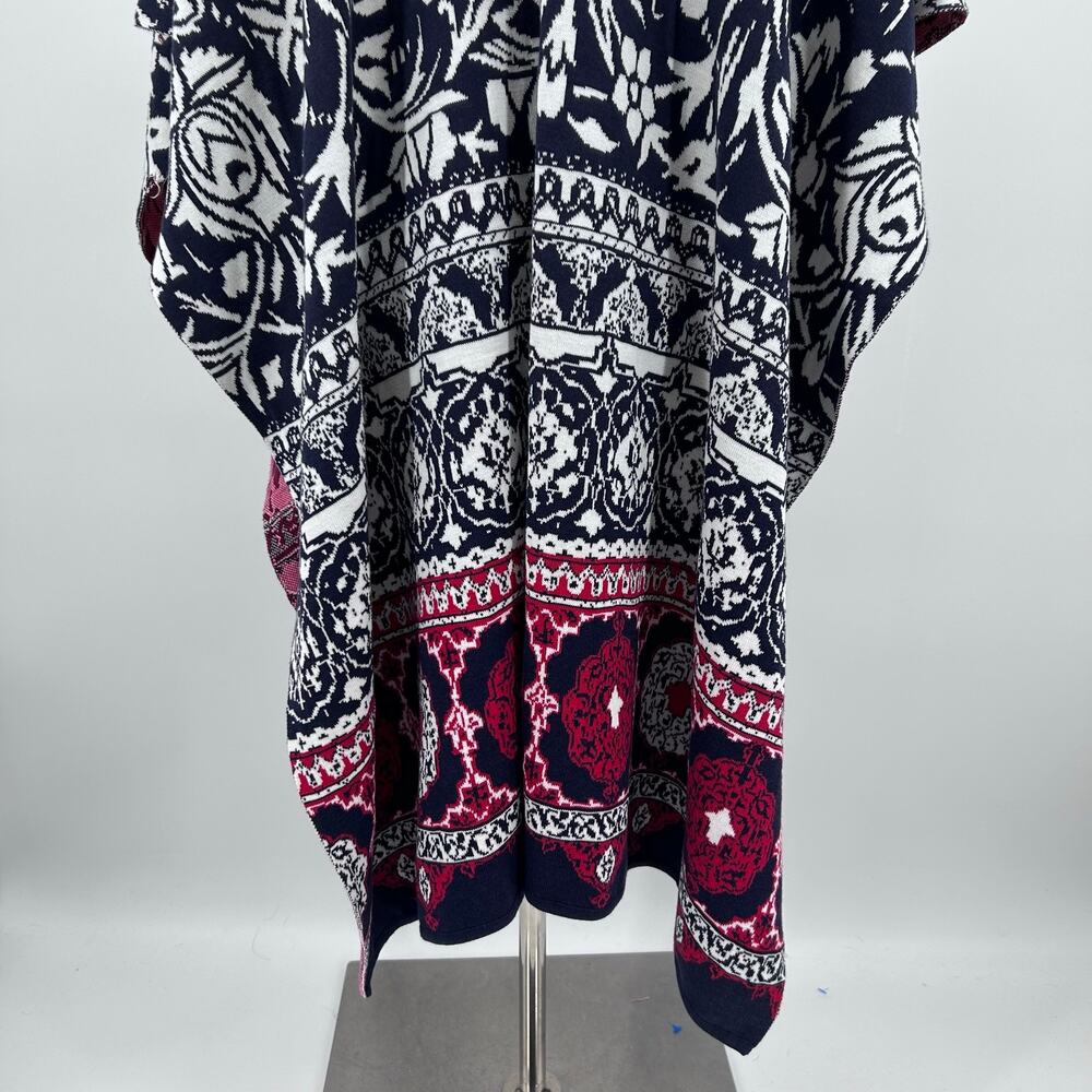 Chicos Silk Cotton Ruana Wrap OS Navy Red Floral Boho Poncho Cape Jacquard - Picture 10 of 11
